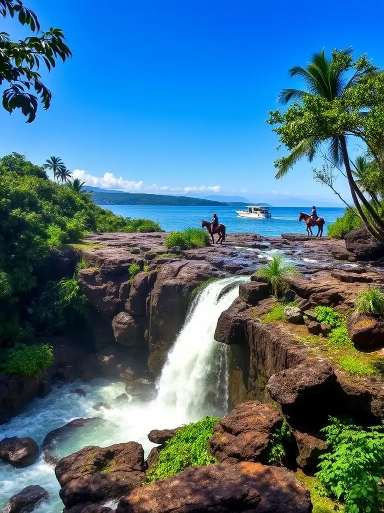 A scenic waterfall cascading down rocks in Miches, surrounded by dense tropical rainforest. Horseback riders are visible in the distance, enjoying the natural landscape. Whale watching boats are on the horizon.