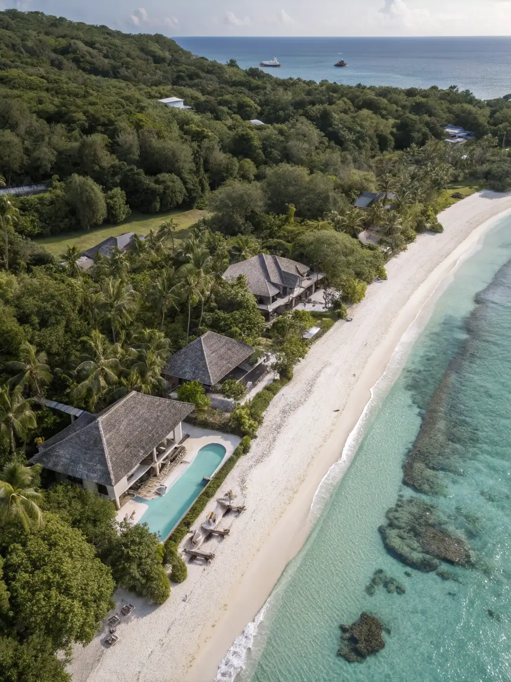 An aerial view of a luxurious resort in Miches, showcasing its high-end amenities, beautiful architecture, and proximity to the beach. The resort is surrounded by lush greenery and offers stunning ocean views.