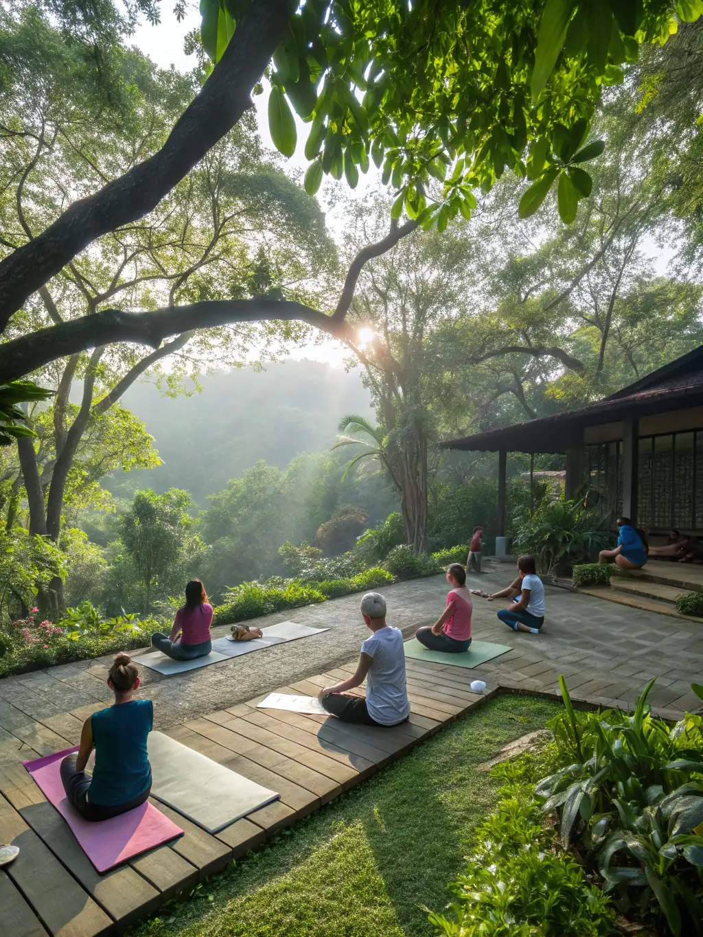 A tranquil yoga retreat in Miches, with participants practicing yoga on a wooden deck overlooking the ocean. The scene is peaceful and serene, emphasizing wellness and relaxation.